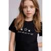 Defacto B6689A8BK81 Siyah Slım Fıt Desenli Fitilli Kaşkorse Tişört Kız Çocuk