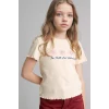Defacto B6689A8ER98 Ekru Slım Fıt Desenli Fitilli Kaşkorse Tişört Kız Çocuk