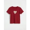 LCW Kids Bordo Bisiklet Yaka Kalp Nakışlı Kız Çocuk Tişört
