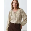 LCW Grace Haki Bağlamalı Yaka Fırfırlı Desenli Bluz