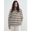 LCW Modest Ekru Polo Yaka Çizgili Kadın Sweatshirt Tunik