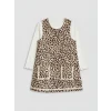 LCW Kids Bej Leopar Desenli Kız Çocuk Salopet Elbise ve Tişört