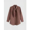 LCWAIKIKI Classic Kahverengi Fular Yakalı Çizgili Kadın Gömlek Tunik