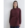LCW Modest Bordo Beli Kuşaklı Oversize Kadın Gömlek Tunik
