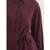 LCW Modest Bordo Beli Kuşaklı Oversize Kadın Gömlek Tunik