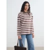 LCW Modest Kahverengi Polo Yaka Çizgili Kadın Sweatshirt Tunik