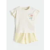 LCW baby Ekru Çiçek Baskılı Fırfırlı Kız Bebek Tişört ve Şort