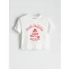 LCW Kids Ekru Bisiklet Yaka Baskılı Kız Çocuk Tişört