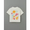 LCW Kids Ekru Bisiklet Yaka Çiçekli Kız Çocuk Tişört