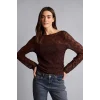 Defacto G1743AXBN334 Kahve Fıtted Kayık Yaka Dantel Uzun Kollu Bluz