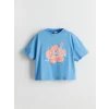 LCW Kids Mavi Bisiklet Yaka Çiçekli Penye Kız Çocuk Tişört