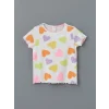 LCW Kids Ekru Kalp Baskılı Fırfırlı Kaşkorse Kız Çocuk Tişört