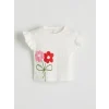 LCW Kids Beyaz Bisiklet Yaka Çiçekli Kız Çocuk Tişört