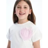 LCW Kids Ekru Bisiklet Yaka Kalpli Desenli Kız Çocuk Tişört