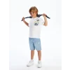 LCW Kids Beyaz Bisiklet Yaka Baskılı Erkek Çocuk Tişört
