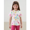 LCW Kids Ekru Bisiklet Yaka Çiçekli Kız Çocuk Tişört