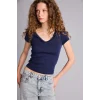 Defacto H1786AXNV31 Lacivert Fıtted Dantel Yaka Ribana Kısa Kollu Tişört