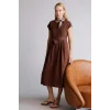 Defacto H0073AXBN330 Kahve Yuvarlak Yaka Keten Karışımlı Kısa Kollu Elbise