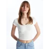 XSIDE Ekru V Yaka Düz Kısa Kollu Crop Kadın Bluz