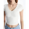 XSIDE Ekru V Yaka Düz Kısa Kollu Crop Kadın Bluz