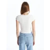 XSIDE Ekru V Yaka Düz Kısa Kollu Crop Kadın Bluz