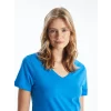 LCW Vision Mavi V Yaka Düz Kısa Kollu Kadın Tişört