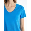 LCW Vision Mavi V Yaka Düz Kısa Kollu Kadın Tişört