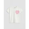 LCW Kids Ekru Bisiklet Yaka Kalp Detaylı Kız Çocuk Tişört