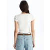 XSIDE Ekru Bisiklet Yaka Düz Kısa Kollu Kadın Crop Tişört