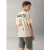 LCW Kids Bej Bisiklet Yaka Naruto Baskılı Erkek Çocuk Tişört