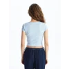 XSIDE Mavi Bisiklet Yaka Düz Kısa Kollu Kadın Crop Tişört