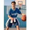 LCW Kids Mavi V Yaka Baskılı Erkek Çocuk Tişört