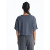 XSIDE Antrasit Bisiklet Yaka Baskılı Kısa Kollu Oversize Kadın Crop