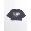 XSIDE Antrasit Bisiklet Yaka Baskılı Kısa Kollu Oversize Kadın Crop