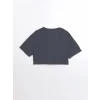 XSIDE Antrasit Bisiklet Yaka Baskılı Kısa Kollu Oversize Kadın Crop