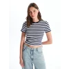 LCW Vision Lacivert Bisiklet Yaka Çizgili Kısa Kollu Kadın Tişört