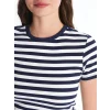 LCW Vision Lacivert Bisiklet Yaka Çizgili Kısa Kollu Kadın Tişört