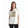 LCWAIKIKI Basic Beyaz Bisiklet Yaka Baskılı Kısa Kollu Kadın Tişört