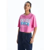 XSIDE Pembe Bisiklet Yaka Baskılı Kısa Kollu Oversize Kadın Crop