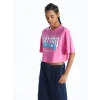 XSIDE Pembe Bisiklet Yaka Baskılı Kısa Kollu Oversize Kadın Crop