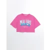 XSIDE Pembe Bisiklet Yaka Baskılı Kısa Kollu Oversize Kadın Crop