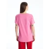 LCWAIKIKI Basic Pembe Bisiklet Yaka Baskılı Kısa Kollu Kadın Tişört