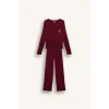 Defacto G0222AXBR205 Bordo Pijama Takımı Regular Fit Pointel Kumaş Uzun Kollu Üst Uzun Alt