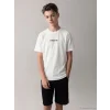 LCW Kids Beyaz Bisiklet Yaka Yazı Nakışlı Erkek Çocuk Tişört