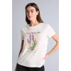 Defacto H7608AXER105 Ekru Regular Fıt Bisiklet Yaka Floral Kısa Kollu Tişört