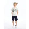 LCW Kids Ekru Bisiklet Yaka Baskılı Kısa Kollu Erkek Çocuk Tişört