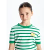 LCW Kids Yeşil Bisiklet Yaka Çizgili Kısa Kollu Kız Çocuk Tişört