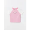 LCW Kids Pembe Bisiklet Yaka Baskılı Kısa Kollu Kız Çocuk Tişört