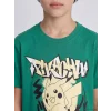 LCW Kids Yeşil Bisiklet Yaka Pikachu Baskılı Erkek Çocuk Tişört