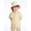 LCW Kids Bej Bisiklet Yaka Kısa Kollu Dokulu Kumaş Erkek Bebek Tişört